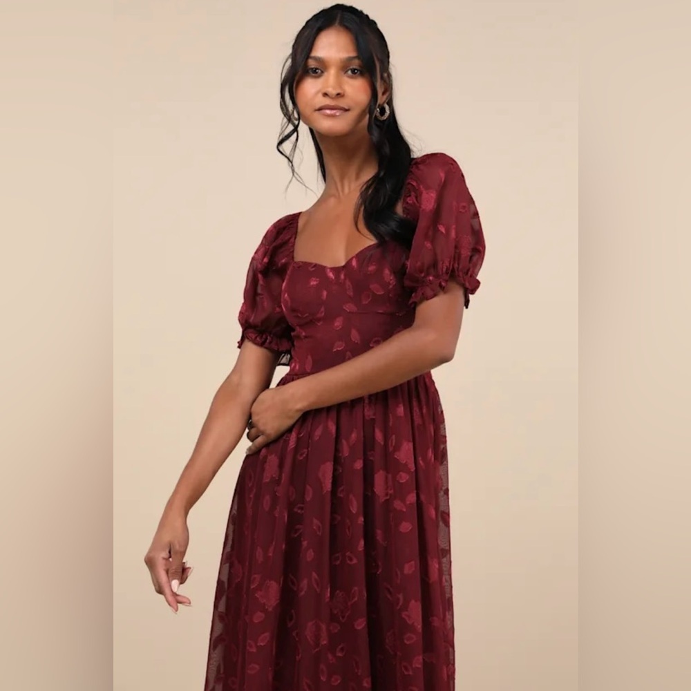 Phenomenal Sweetness Burgundy Floral Burnout Bustier Maxi Dress - Picture 2 of 11